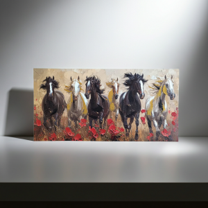 картина Бягащи коне и макове 80 х 40 см