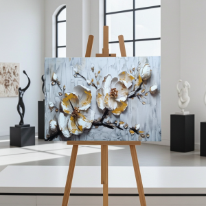 картина с Бели 3D цветя, канава с ръчно рисувани детайли 70 х 50 см