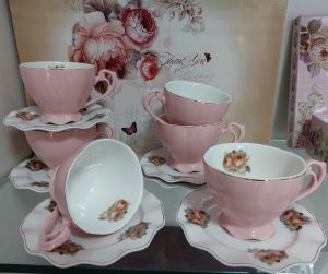 чаши за капучино или чай 6 бр. с чинийки 6 бр. Pink Magic - порцелан