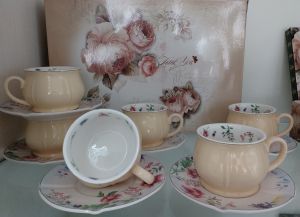 чаши за капучино или чай 6 бр. с чинийки 6 бр. Жълт букет - порцелан