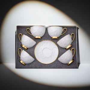 комплект за капучино или чай 220 мл: 6 чаши и 6 чинийки White & Gold - порцелан