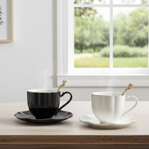 комплект за двама: 2 чаши, 2 чинийки, 2 лъжички White & Gold в подаръчна кутия