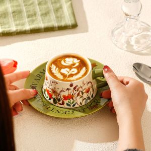 чаша с чинийка Morello, зелена с цветя - порцелан