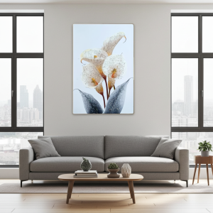 Декоративно пано с бели кали и 3D кристални капки роса, ПДЧ основа и златна рамка от liv.bg