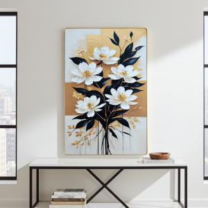 Модерно декоративно пано със златни цветя и черни листа, 3D кристални акценти, алуминиева рамка от liv.bg