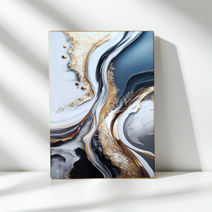 абстрактно пано злато, акрилно стъкло картина, модерна декорация 50x70, луксозно пано Morello, златна алуминиева рамка, liv.bg интериорни пана.