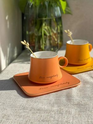 Чаша за дълго кафе или капучино 160 мл, чинийка, лъжичка Green, Orange Love Completely - много качествен порцелан