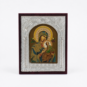 Православна Икона със Сребрист Обков и Стойка (13х10.5 см) – Св. Николай, Св. Георги, Исус Христос, Богородица