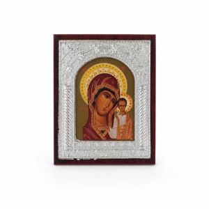 Православна Икона със Сребрист Обков и Стойка (13х10.5 см) – Св. Николай, Св. Георги, Исус Христос, Богородица