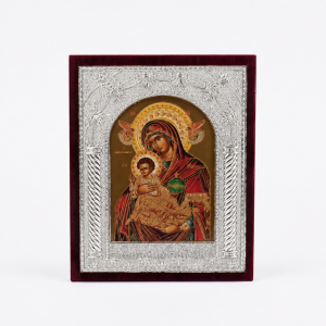 Православна Икона със Сребрист Обков и Стойка (13х10.5 см) – Св. Николай, Св. Георги, Исус Христос, Богородица