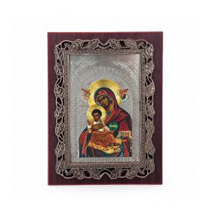 Настолна православна икона на Света Богородица със сребрист обков и ПДЧ стойка бордо