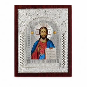 Православни икони на Исус Христос, Свети Георги и Свети Николай със сребрист обков и стойка