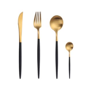 комплект прибори за хранене Morello Royal Gold & Black в златисто и черно от 24 части, подредени в отворена дървена кутия с кадифено покритие