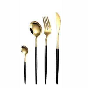 комплект прибори за хранене Morello Royal Gold & Black Glossy в полирано златисто и черен гланц от 24 части, подредени в луксозна дървена кутия