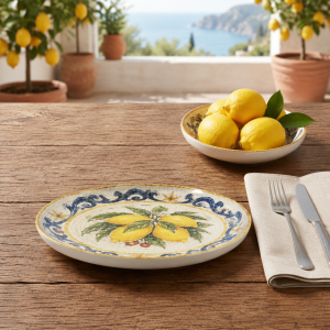 Керамична основна чиния Morello Vintage Lemons 26.5 см с дизайн на сицилиански лимони и мозаечен ефект от онлайн магазин liv.bg